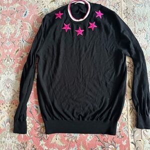 Givenchy Paris Black Wool Sweater with Pink Star Embroidery & Ribbed Collar XL